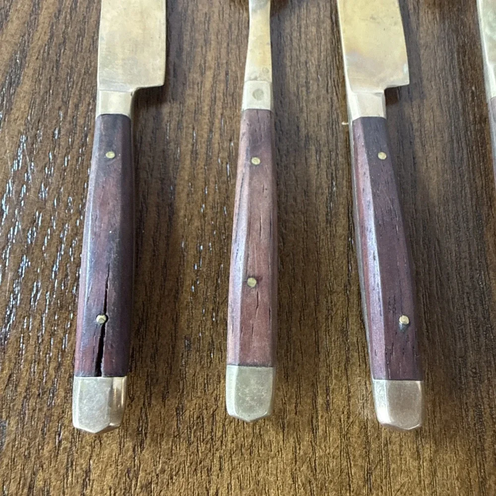 Vintage Wood And Brass Meat & Cheese Fork And Knife Set Charcuterie Board